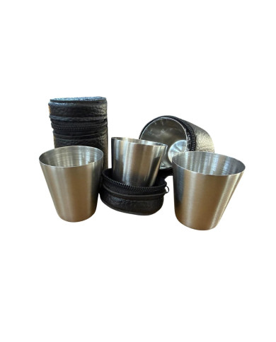 Stainless Steel Shooter Shots Large 4pc with black leatherette holder